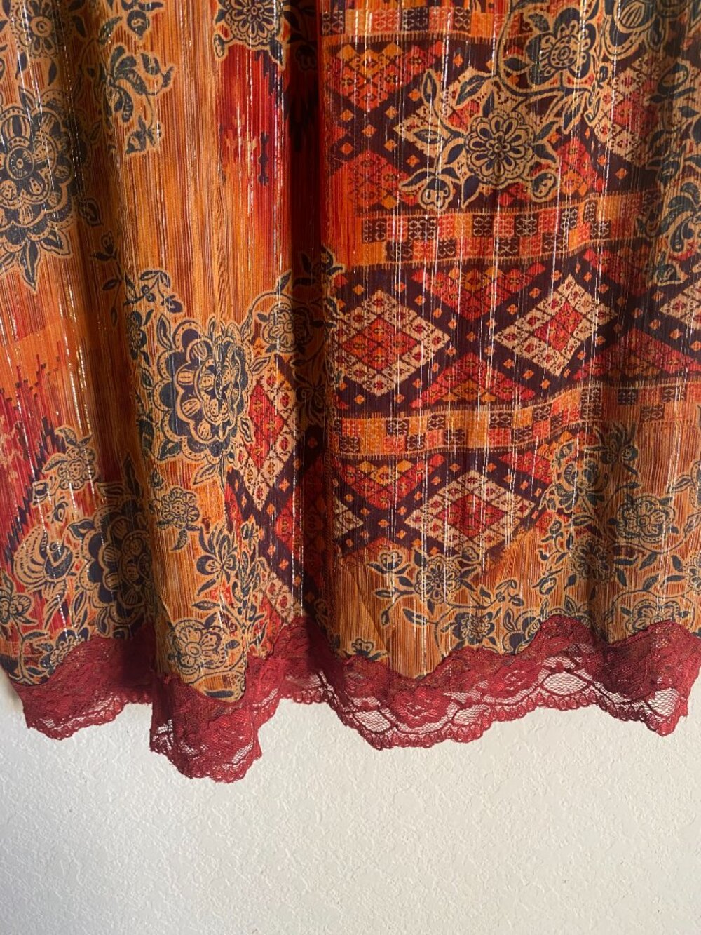 100% Silk Bohemian Paisley Lace-Trim Midi Gypsy Ethereal Dress Robbie Bee - Picture 7 of 11